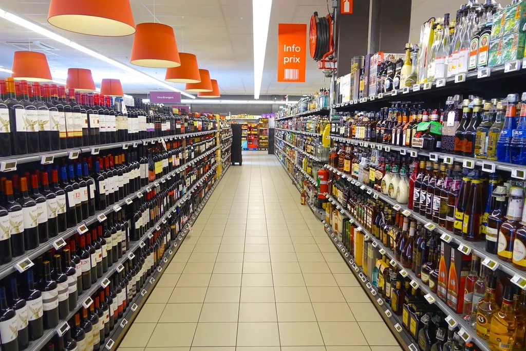 Long supermarket aisle with stocked shelves on both sides